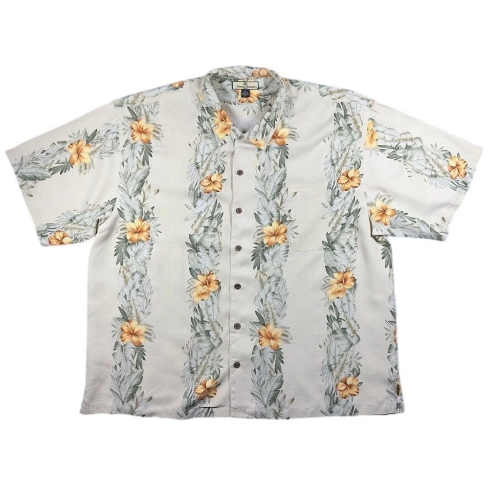 Tommy Bahama Silk Floral Camp Shirt Mens XXL Tan Hibiscus Tropical Button Up Top